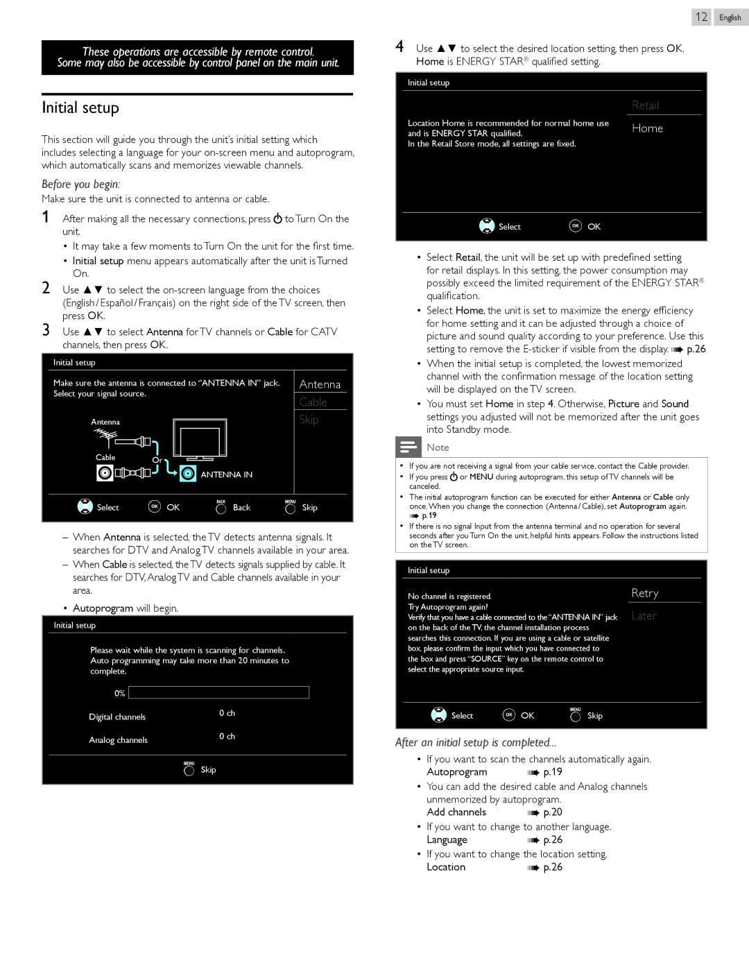 Magnavox 26ME402V, 39ME412V owner manual Initial setup, Language 26, Location 26 